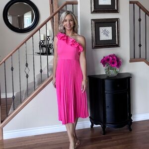 Sleeveless Pleated Hot Pink One Shoulder Dress